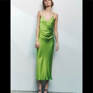 ZARA Satin Dress Lime Green Viral